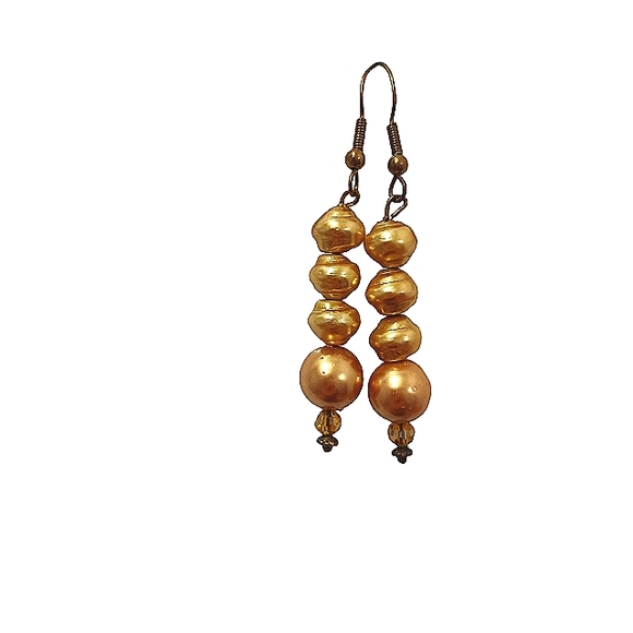 Gold Pearls 1.5" Dangle Earrings Faux REALISTIC Elegant w Svorovswky Crystals - Picture 9 of 10